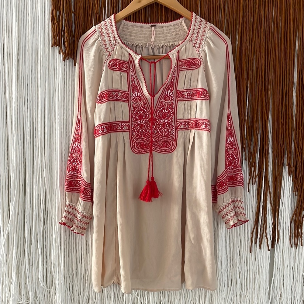 Free People Wind Willow Mini Peasant Dress - Red and Cream XS fits generous - Picture 2 of 8